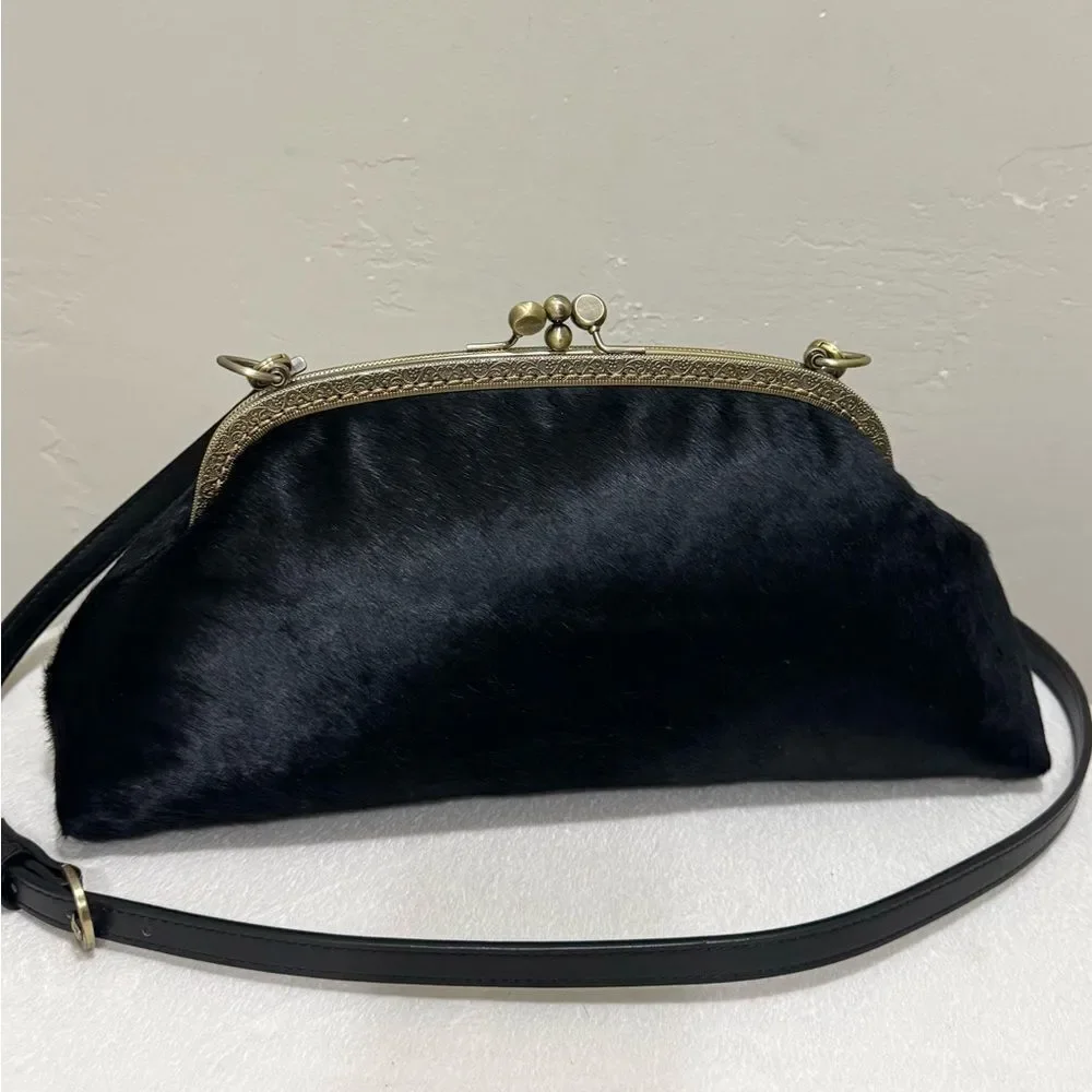 Black Real Hair-on-horsehide Handsewn Double Kiss-lock Clutch Bag/Crossbody